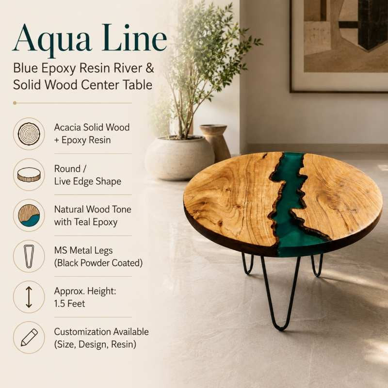 Aqua Line Blue Epoxy Resin River & Solid Wood Center Table