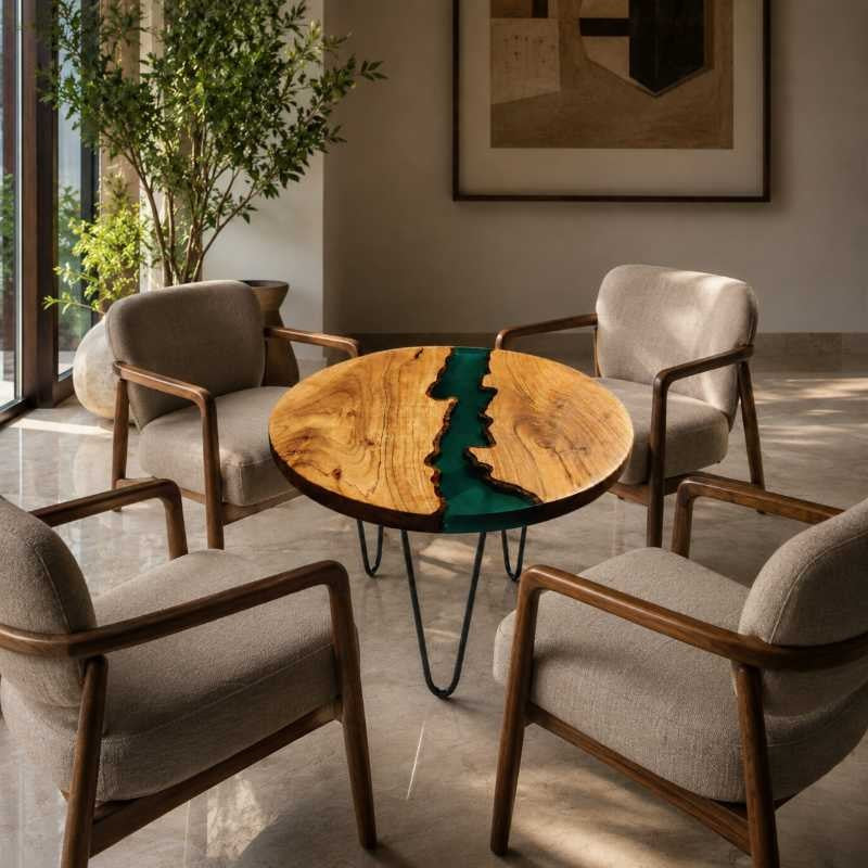 Aqua Line Blue Epoxy Resin River & Solid Wood Center Table