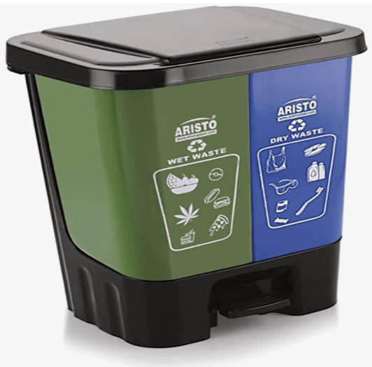 ARISTO Plastic Step-On Twin Pedal Dustbin 20 Ltr - Wet and Dry Waste, Green & Blue