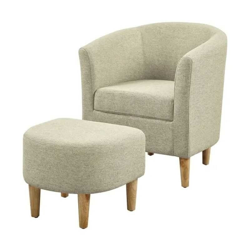 LuxeHaven Armchair with pouff stool set | Beige Fabric with Ottoman | Cozy Reading Chair | Living Room