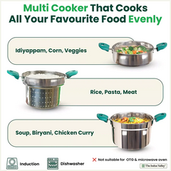 Tri-steel Multi Cooker Pot Premium Stainless Steel Momo Maker/ Idiyappam/ Biryani/  Veg Steaming Set, 3 Pots, 21cm