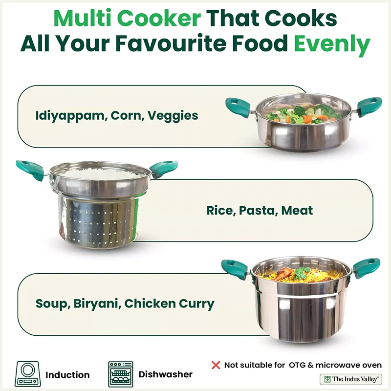 Tri-steel Multi Cooker Pot Premium Stainless Steel Momo Maker/ Idiyappam/ Biryani/  Veg Steaming Set, 3 Pots, 21cm