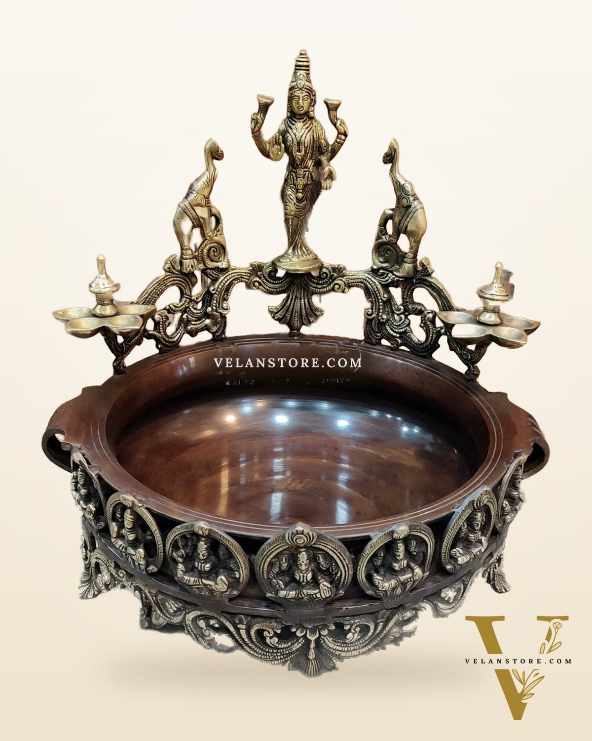 Ashtalakshmi Brass Urli with Diyas (Copper Wash)
