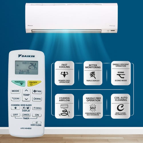 Daikin Premium Series 1 Ton 3 Star Inverter Split AC | 100% Copper | Titanium Apatite Air Purifying Filter | Coanda Airflow | Power Chill Operation (ATKL35U, White)