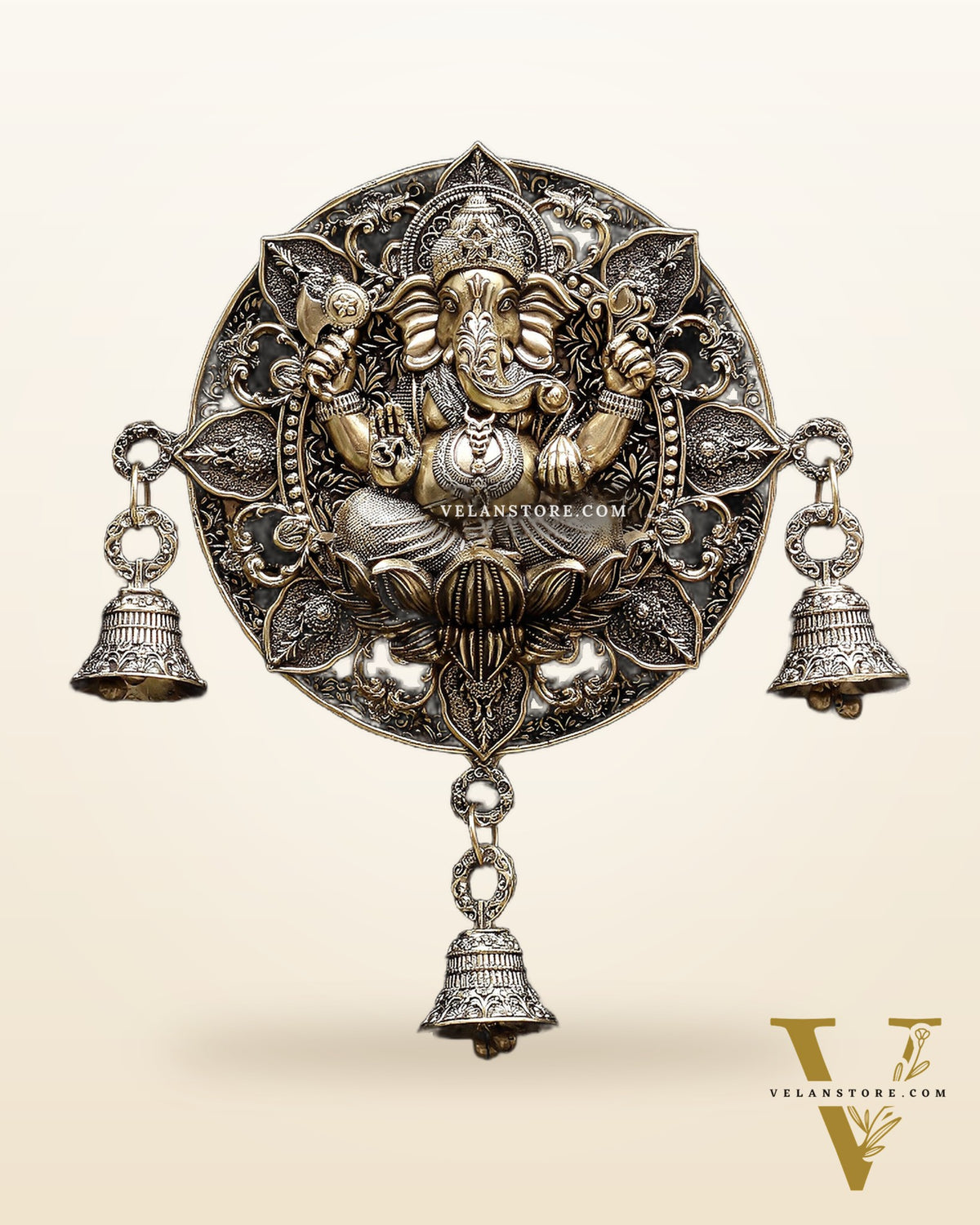 Auspicious Brass Ganesh Round Wall Hanging with Bells 7"