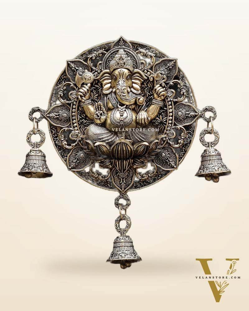 Auspicious Brass Ganesh Round Wall Hanging with Bells 7"