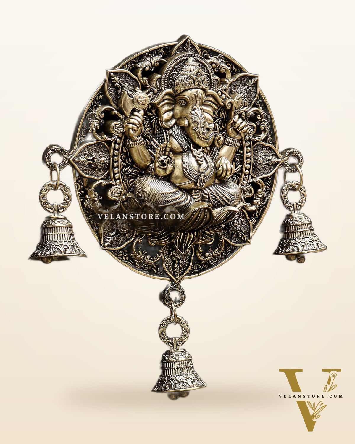 Auspicious Brass Ganesh Round Wall Hanging with Bells 7"