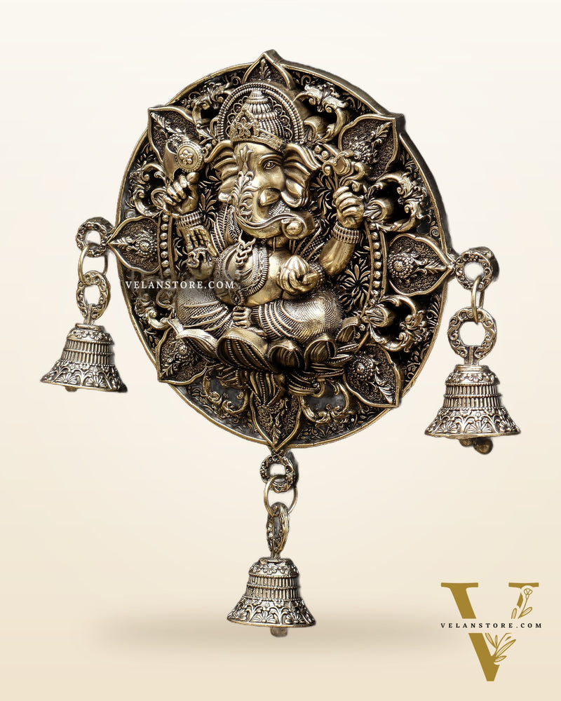 Auspicious Brass Ganesh Round Wall Hanging with Bells 7"
