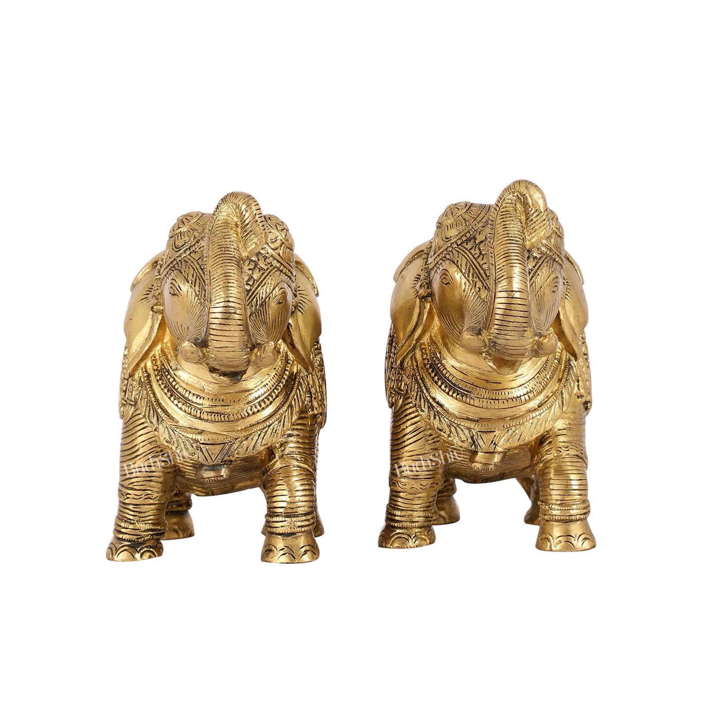 Auspicious Brass Handcrafted Pair of Engraved Elephants with Curled Trunks |