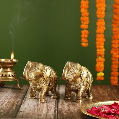 Auspicious Brass Handcrafted Pair of Engraved Elephants with Curled Trunks |