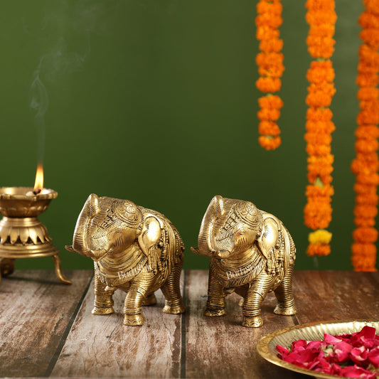 Auspicious Brass Handcrafted Pair of Engraved Elephants with Curled Trunks |