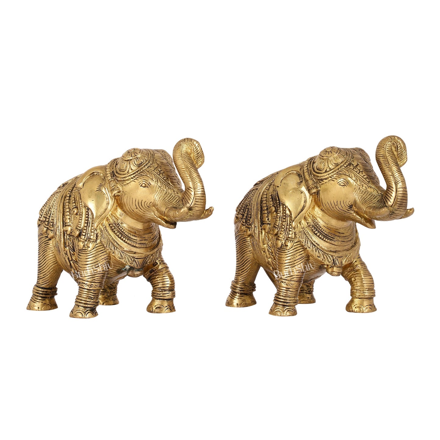 Auspicious Brass Handcrafted Pair of Engraved Elephants with Curled Trunks |
