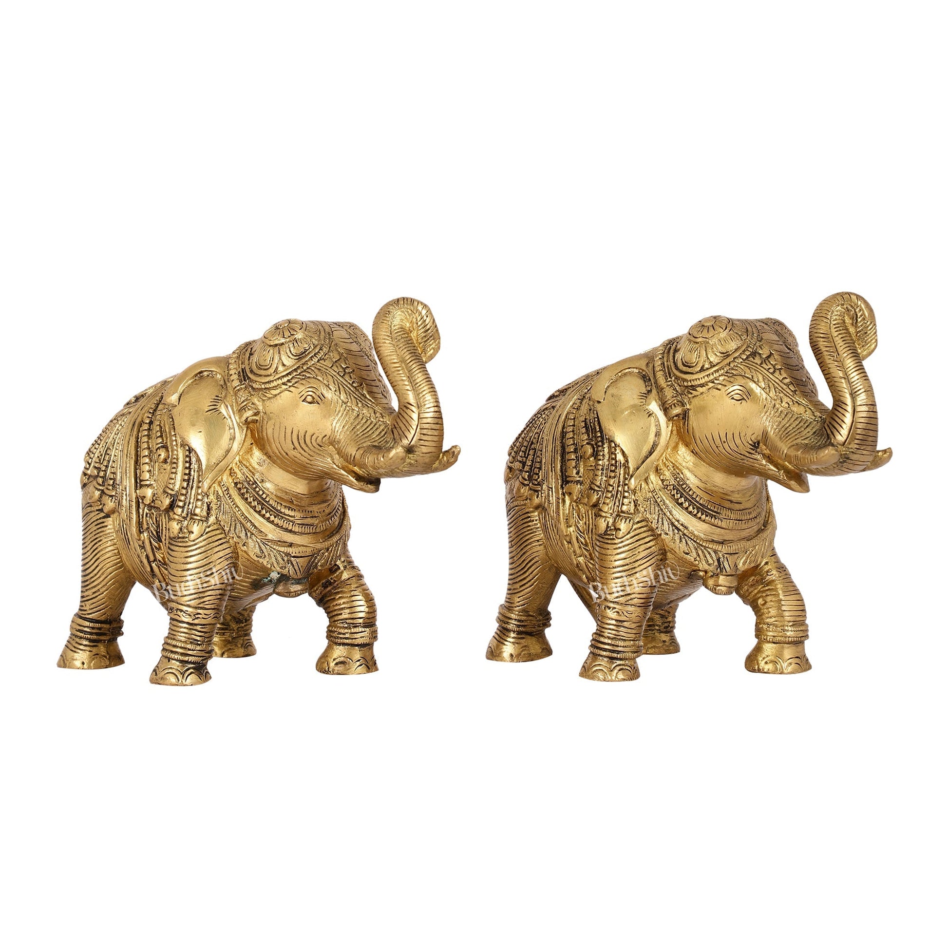 Auspicious Brass Handcrafted Pair of Engraved Elephants with Curled Trunks |