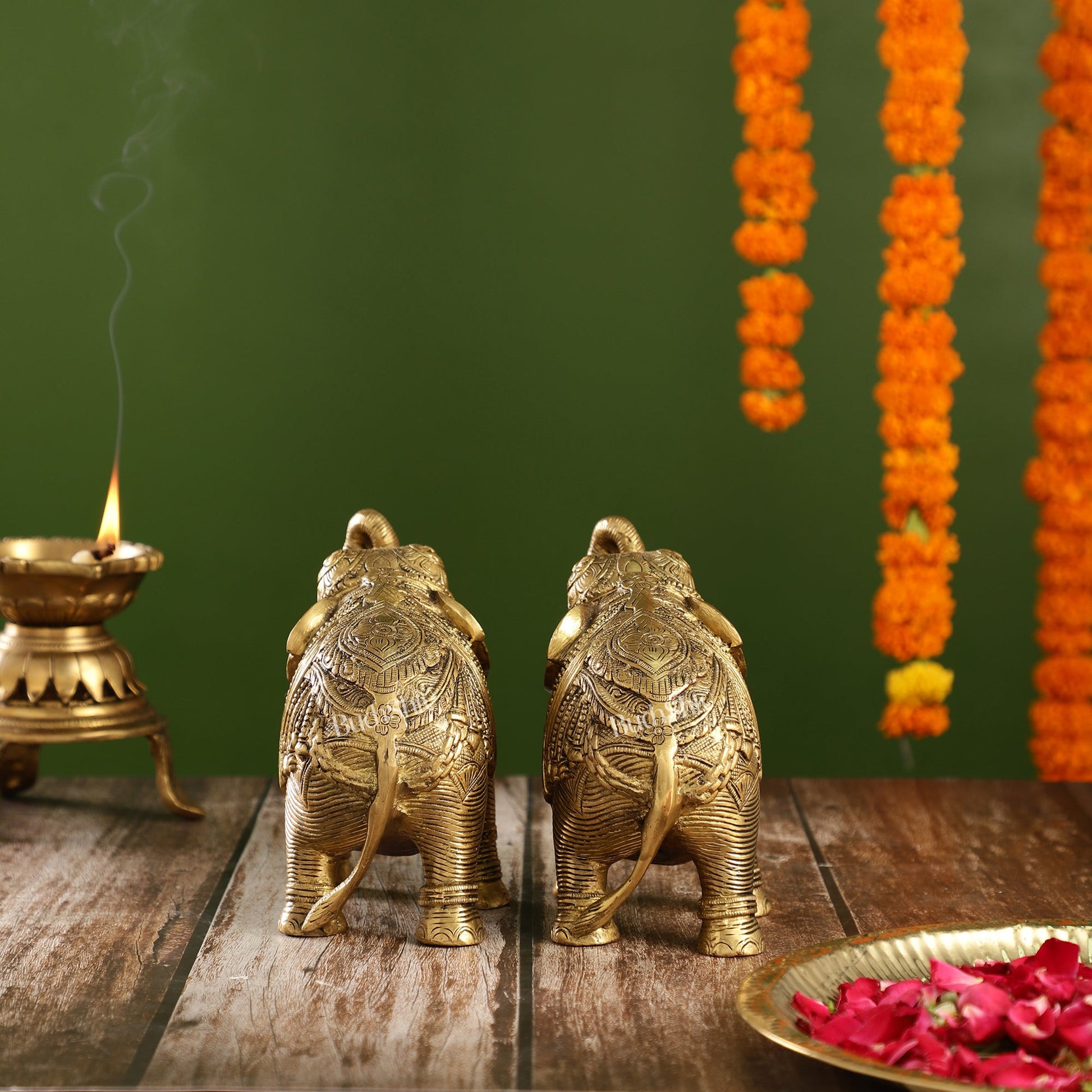 Auspicious Brass Handcrafted Pair of Engraved Elephants with Curled Trunks |