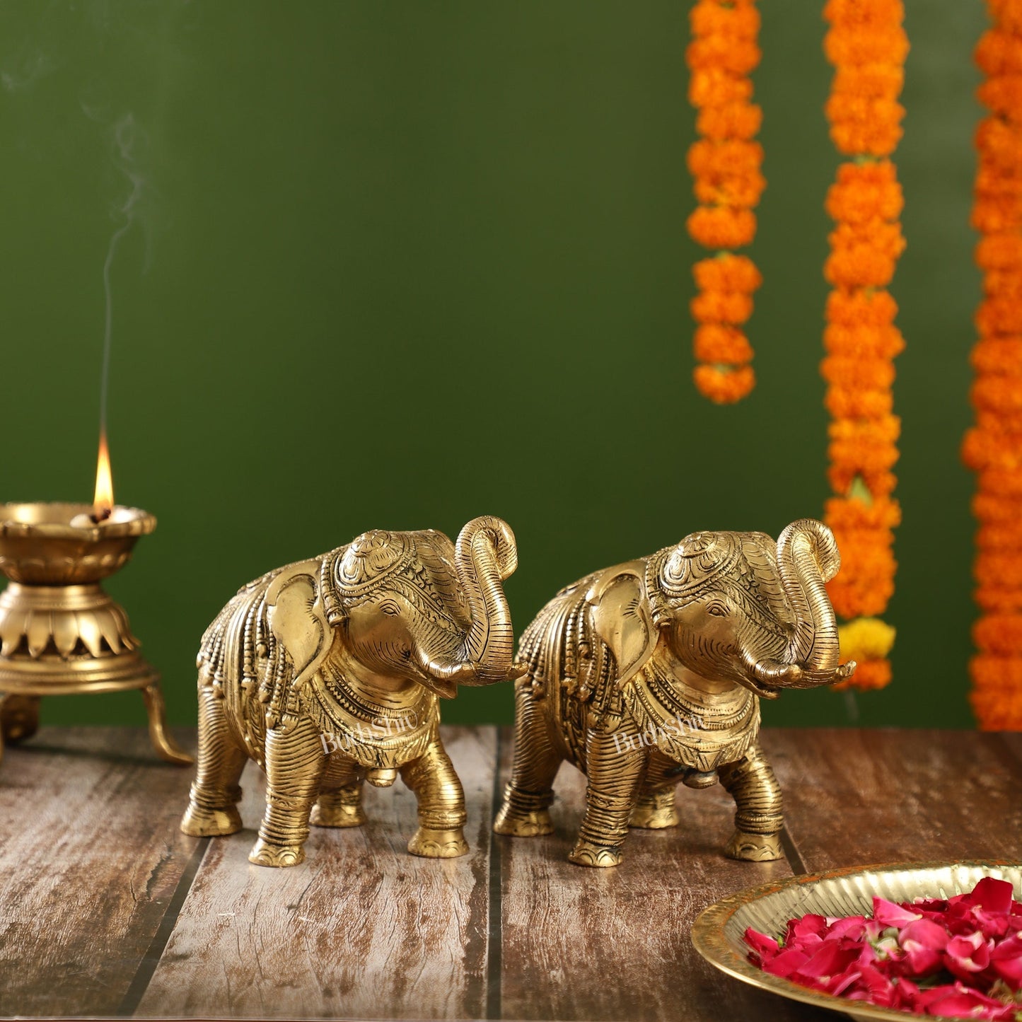 Auspicious Brass Handcrafted Pair of Engraved Elephants with Curled Trunks |