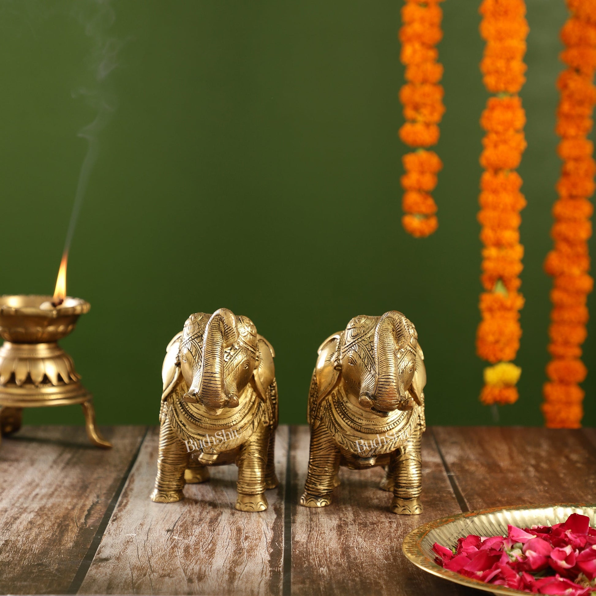 Auspicious Brass Handcrafted Pair of Engraved Elephants with Curled Trunks |