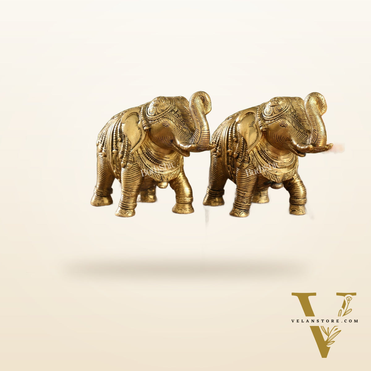 Auspicious Brass Handcrafted Pair of Engraved Elephants with Curled Trunks |
