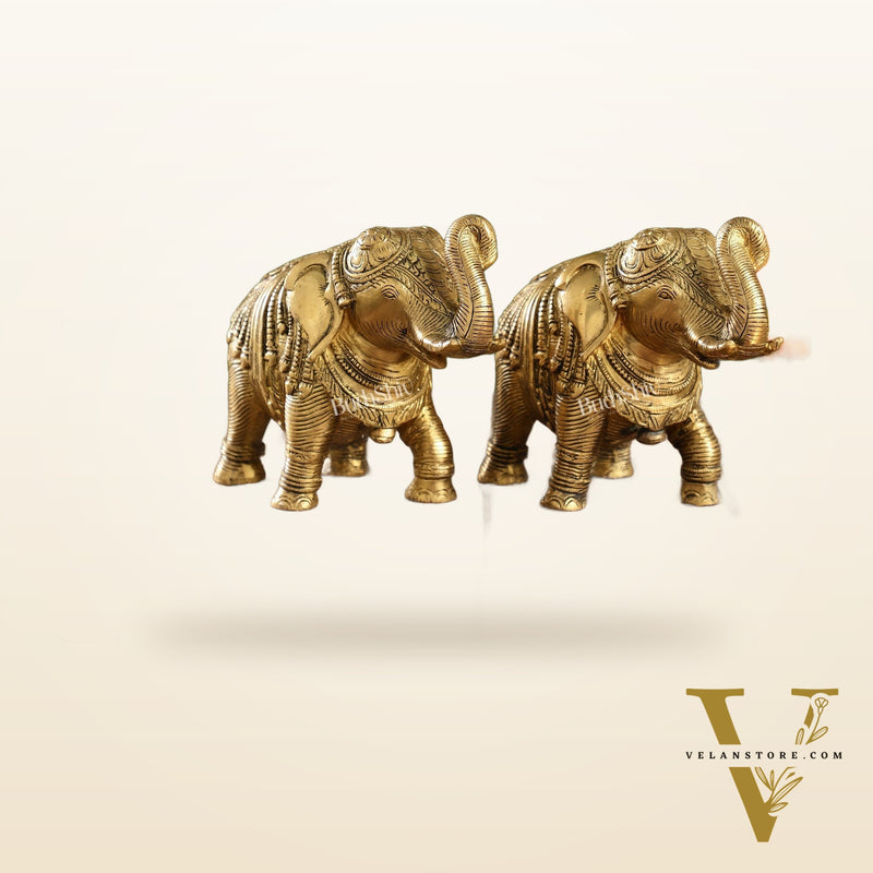 Auspicious Brass Handcrafted Pair of Engraved Elephants with Curled Trunks |