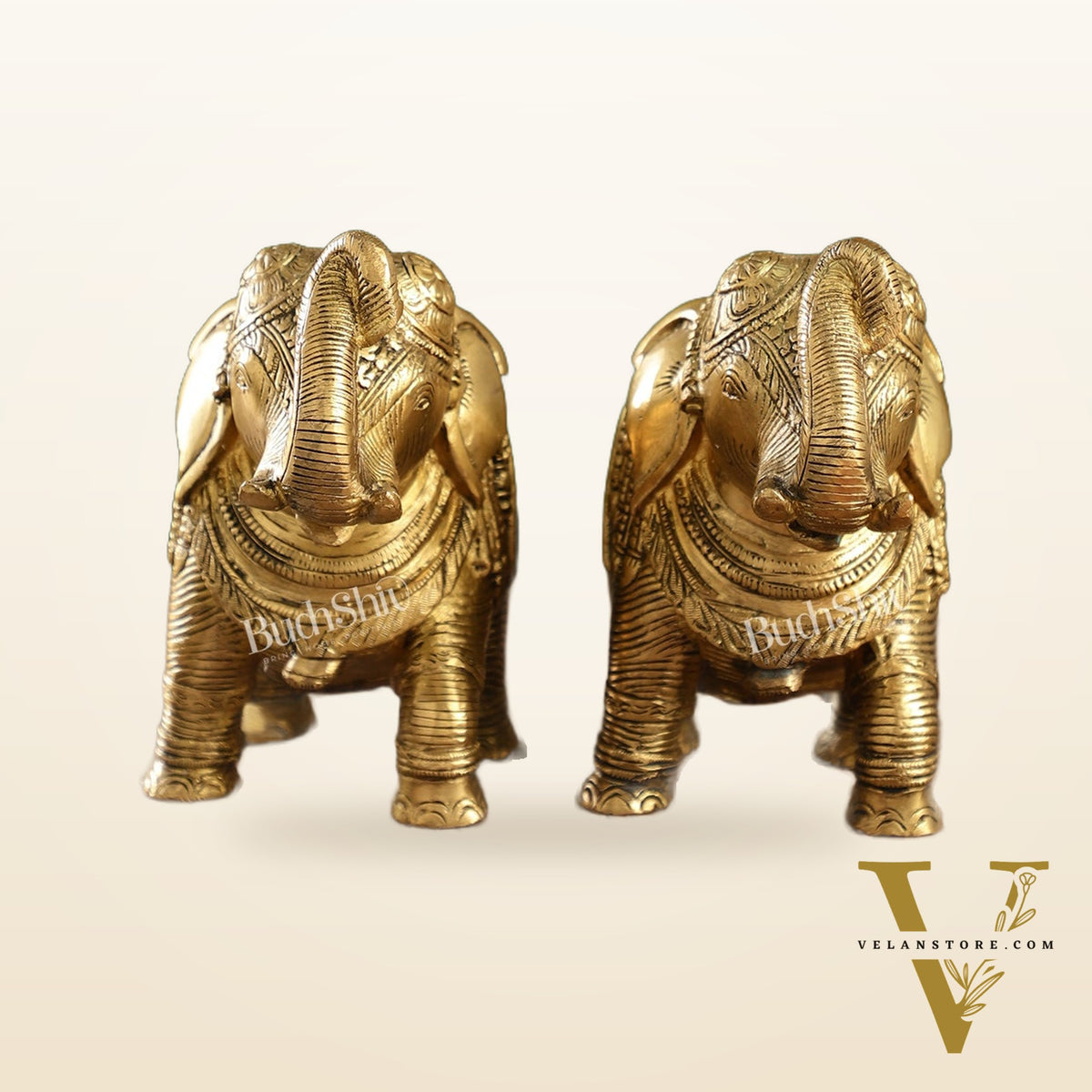Auspicious Brass Handcrafted Pair of Engraved Elephants with Curled Trunks |