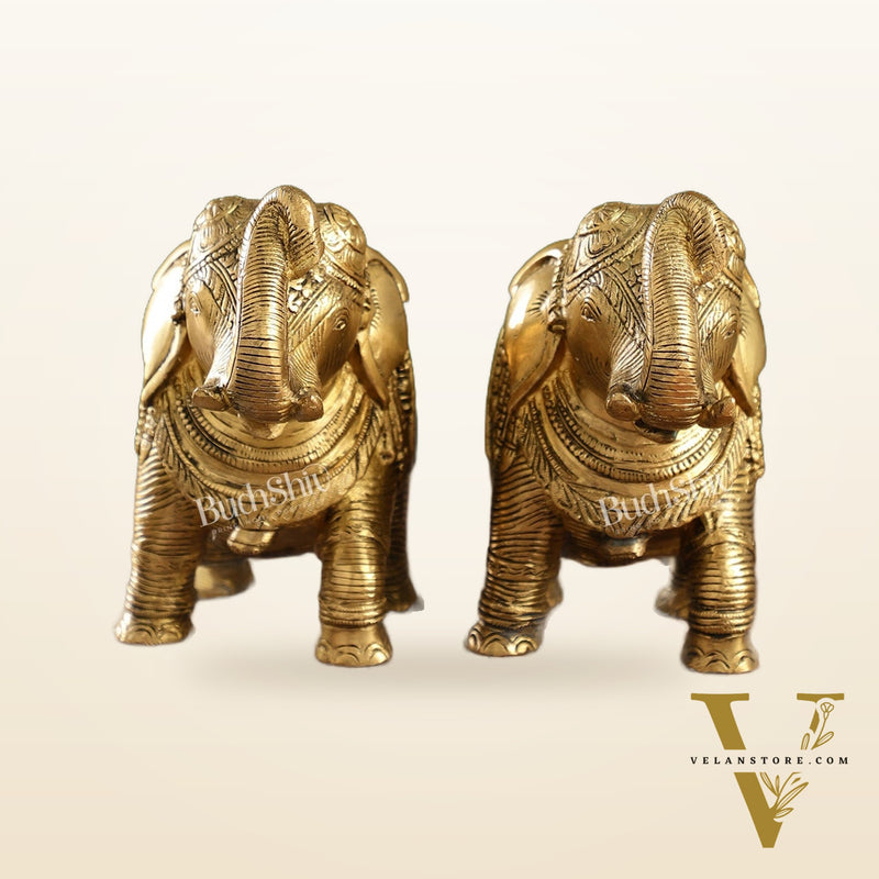 Auspicious Brass Handcrafted Pair of Engraved Elephants with Curled Trunks |