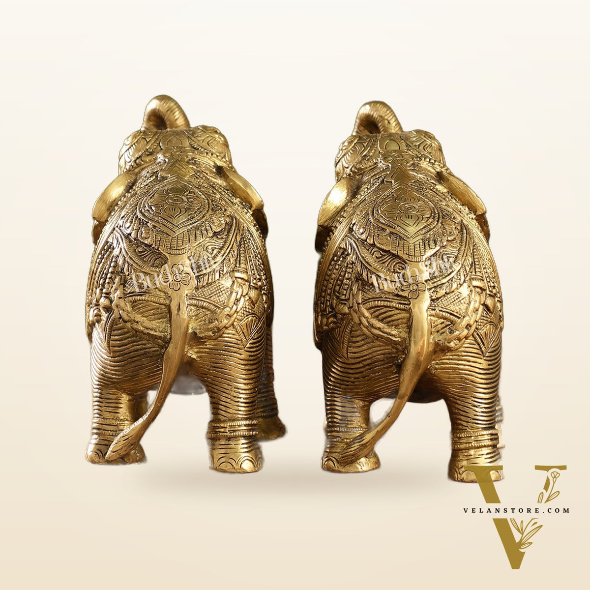 Auspicious Brass Handcrafted Pair of Engraved Elephants with Curled Trunks |