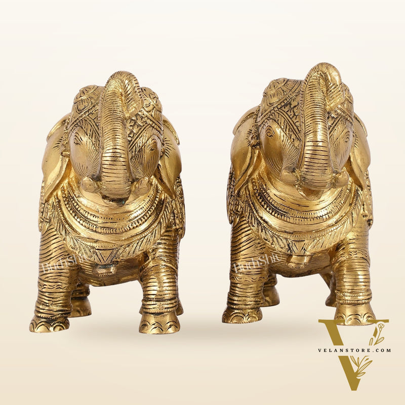 Auspicious Brass Handcrafted Pair of Engraved Elephants with Curled Trunks |