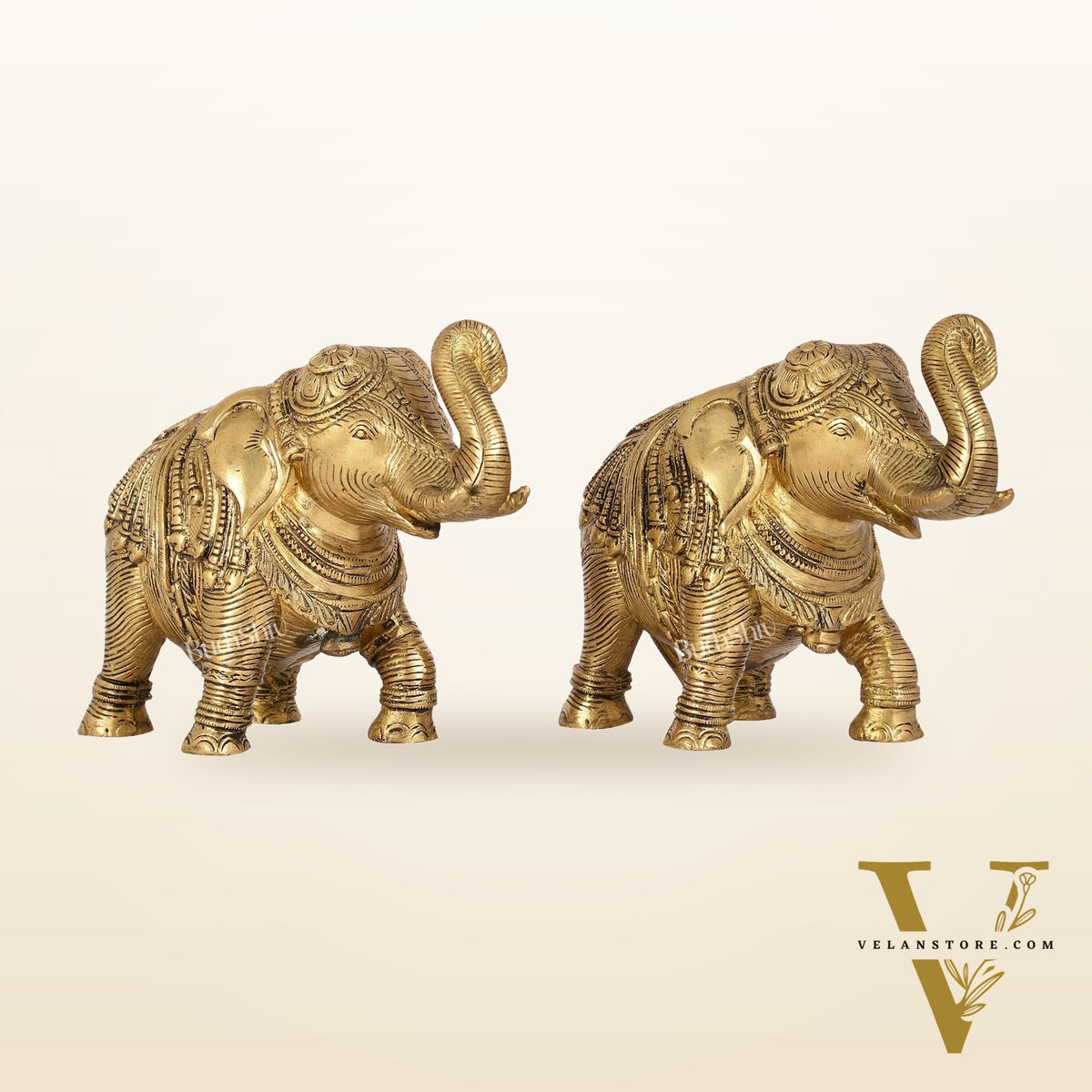 Auspicious Brass Handcrafted Pair of Engraved Elephants with Curled Trunks |