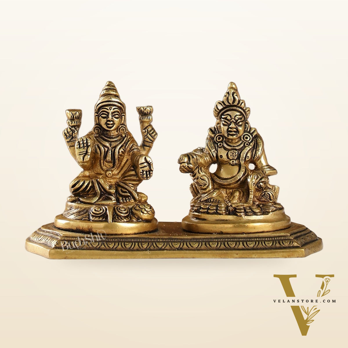 Auspicious Brass Lord Kubera and Goddess Lakshmi Idol, 4"