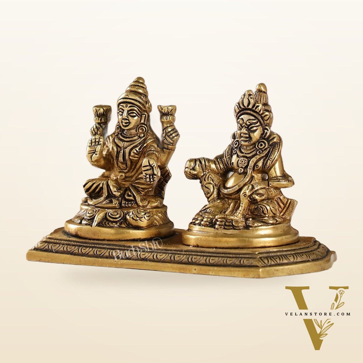 Auspicious Brass Lord Kubera and Goddess Lakshmi Idol, 4"