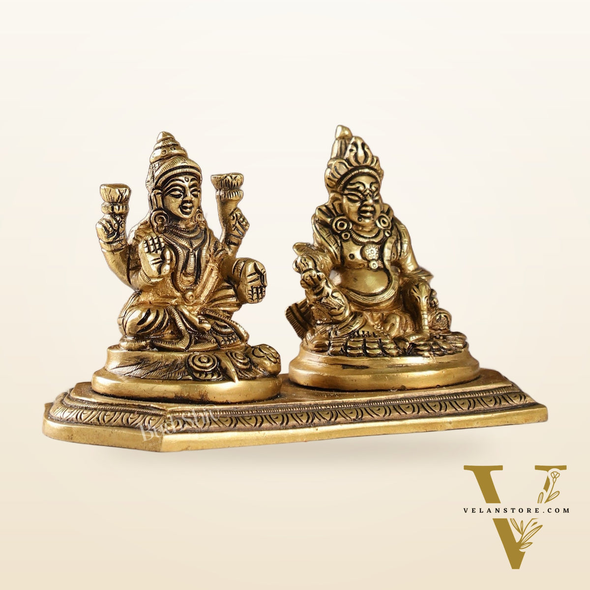 Auspicious Brass Lord Kubera and Goddess Lakshmi Idol, 4"