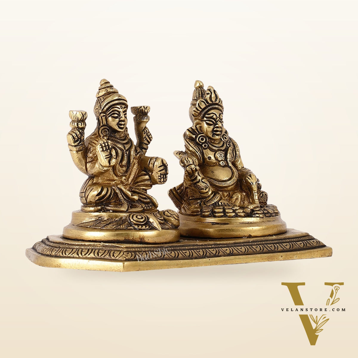 Auspicious Brass Lord Kubera and Goddess Lakshmi Idol, 4"