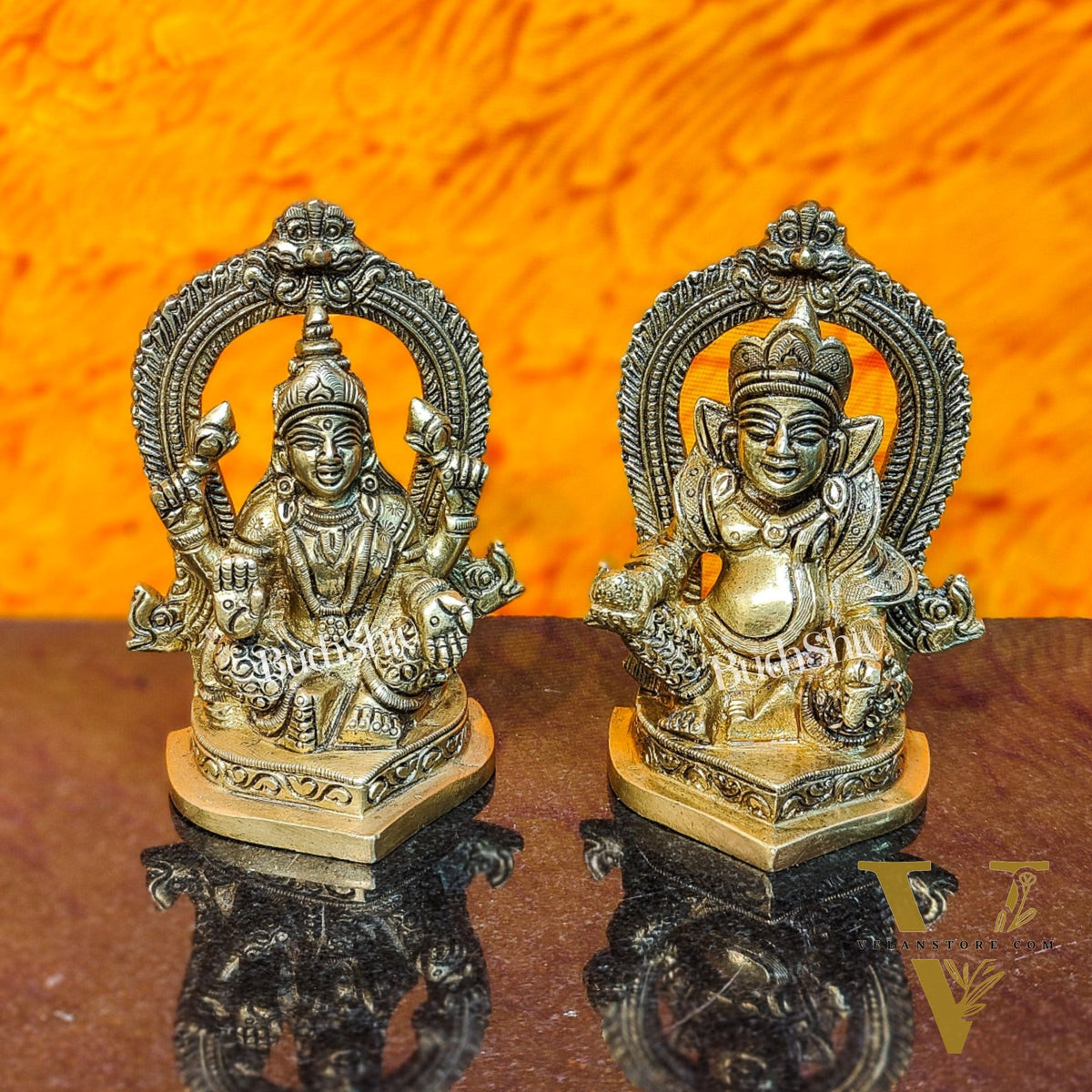 Auspicious Brass Lord Kubera and Goddess Lakshmi Idol, 4.5" Height