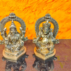 Auspicious Brass Lord Kubera and Goddess Lakshmi Idol, 4.5" Height