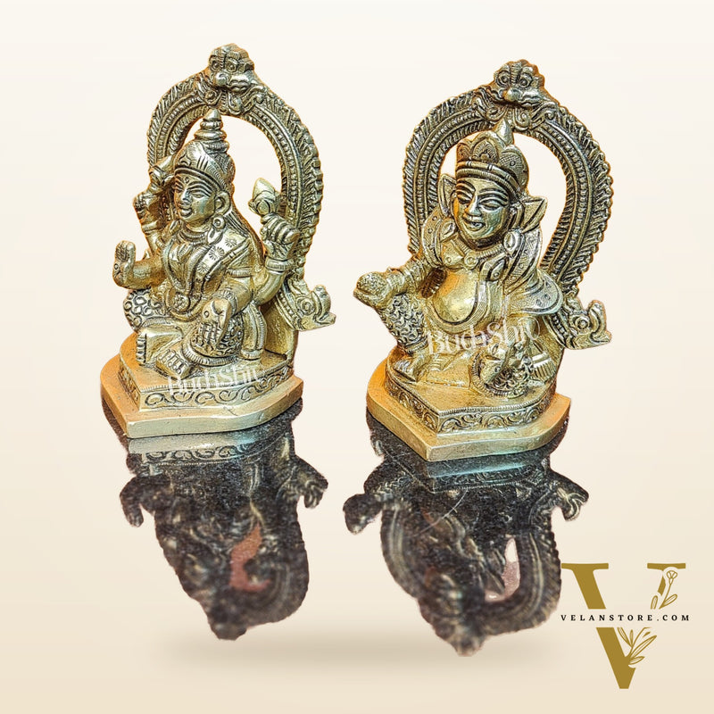 Auspicious Brass Lord Kubera and Goddess Lakshmi Idol, 4.5" Height