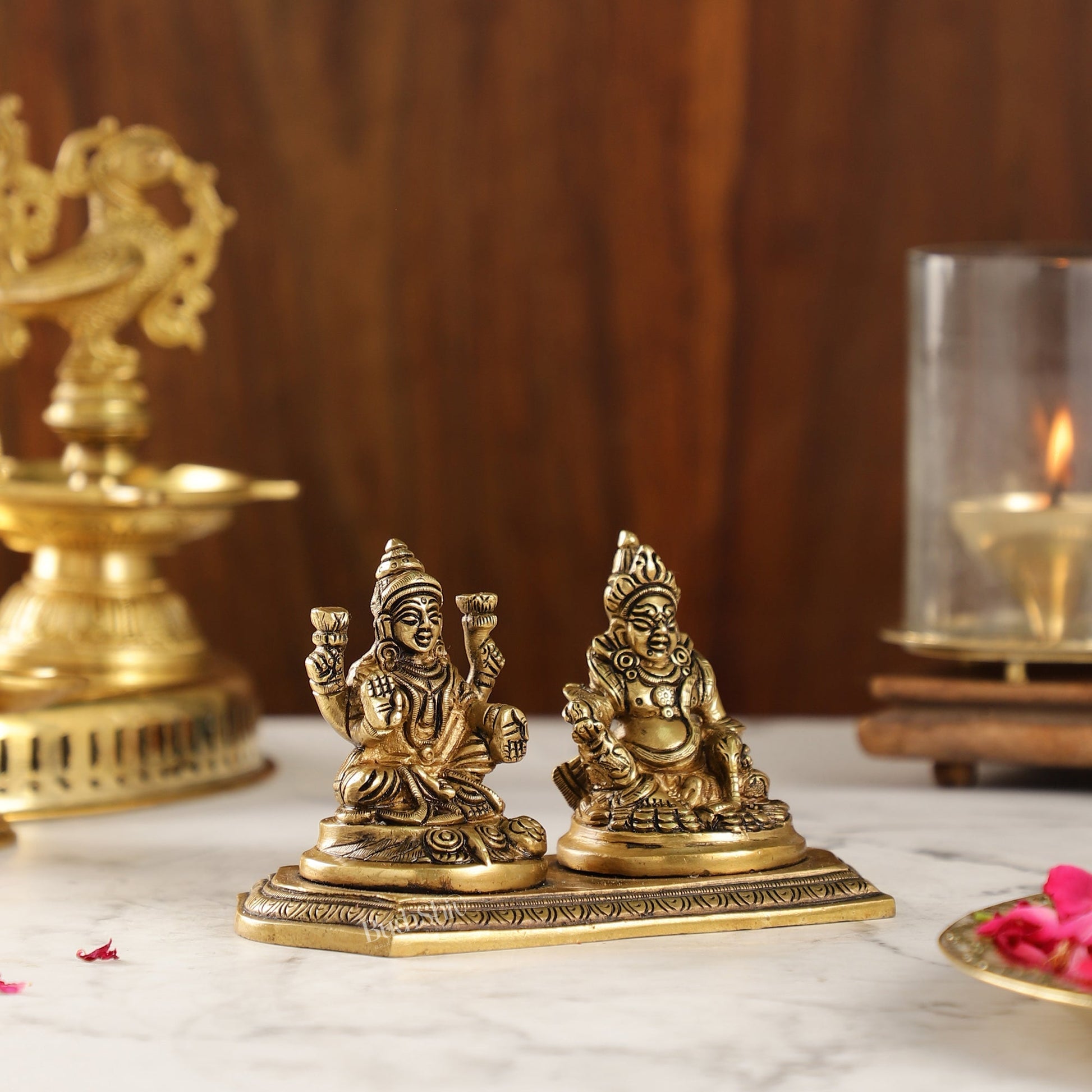 Auspicious Brass Lord Kubera and Goddess Lakshmi Idol, 4"