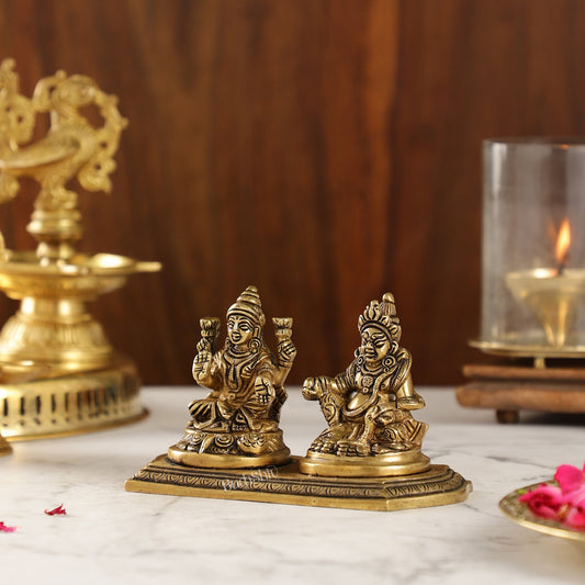 Auspicious Brass Lord Kubera and Goddess Lakshmi Idol, 4"