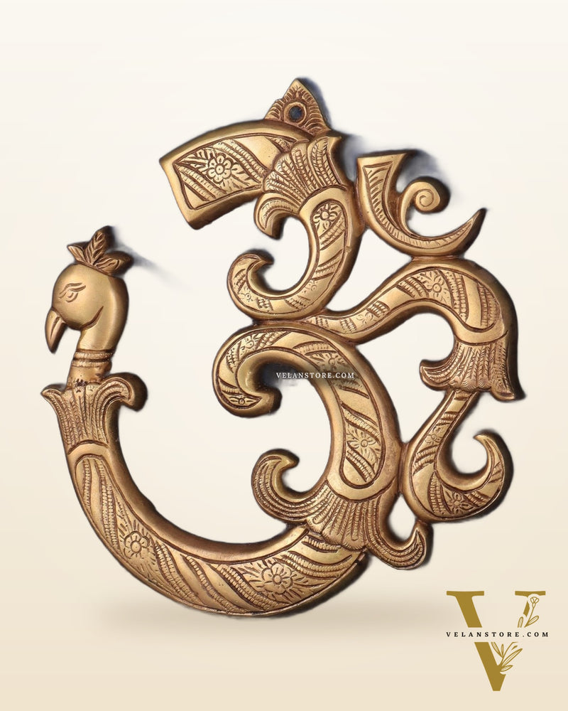Auspicious brass Om Wall Hanging with Peacock Design - 12 Inches
