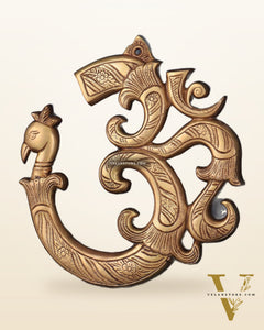 Auspicious brass Om Wall Hanging with Peacock Design - 12 Inches