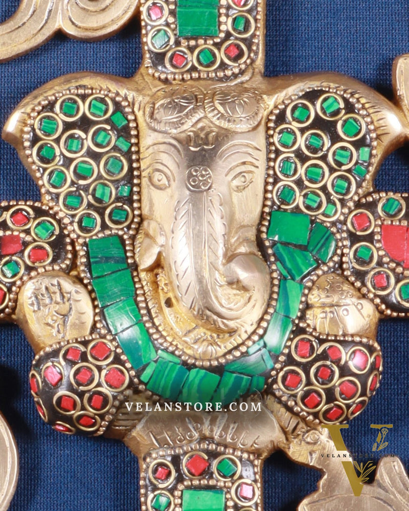 Auspicious Brass Swastik Wall Hanging with Lord Ganesha 8"