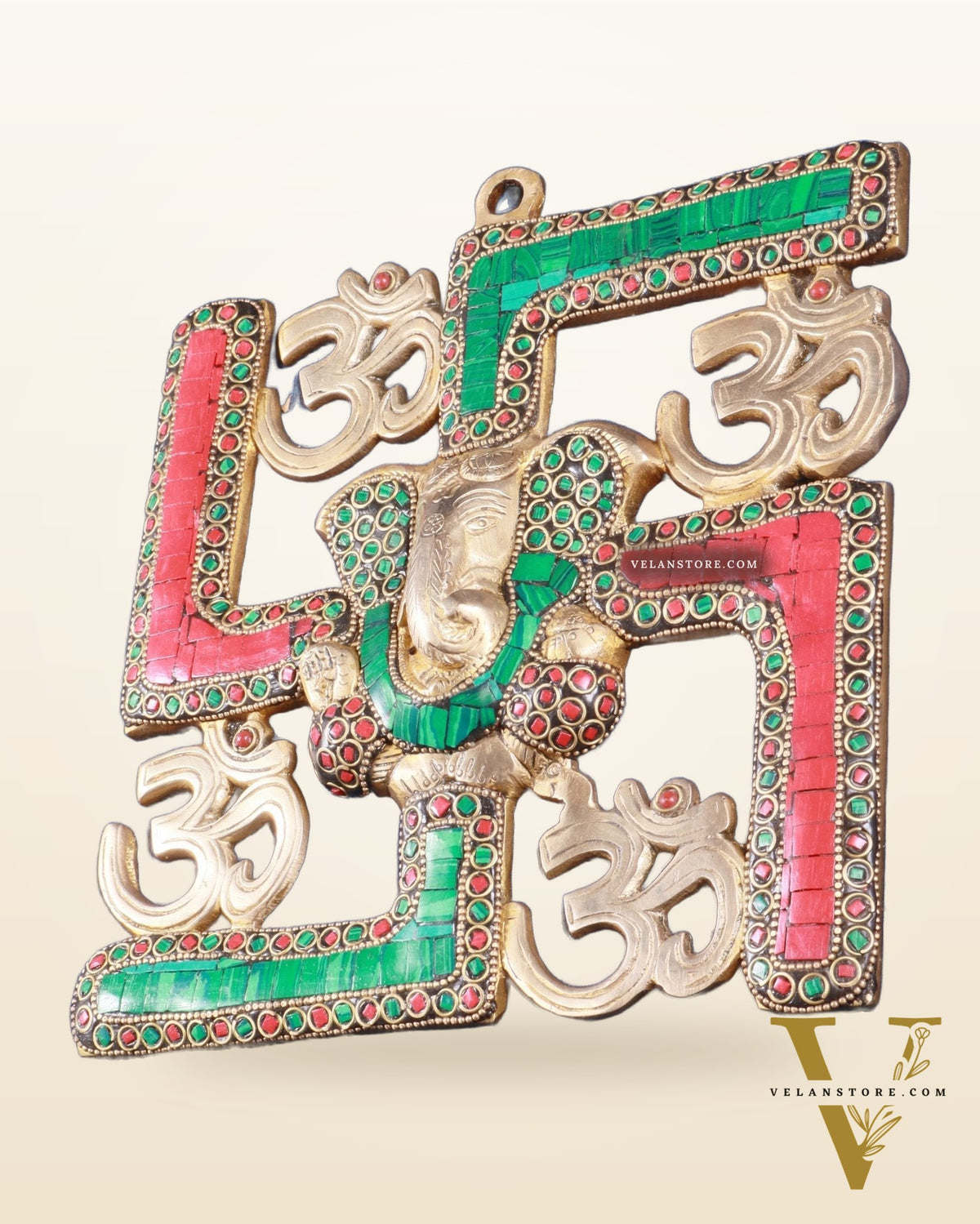 Auspicious Brass Swastik Wall Hanging with Lord Ganesha 8"