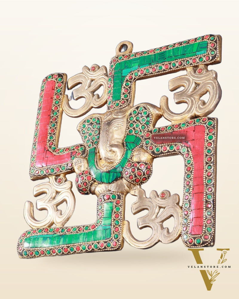 Auspicious Brass Swastik Wall Hanging with Lord Ganesha 8"