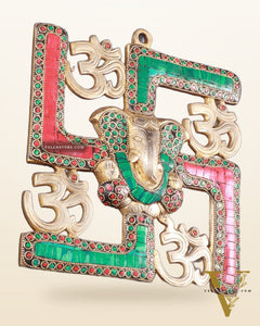 Auspicious Brass Swastik Wall Hanging with Lord Ganesha 8"