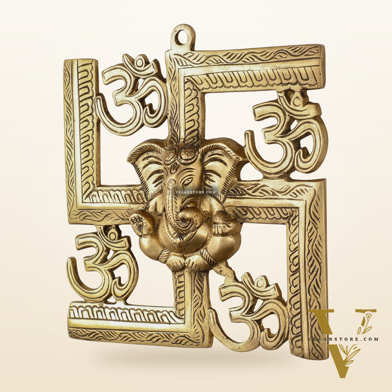 Auspicious Brass Swastik Wall Hanging with Lord Ganesha
