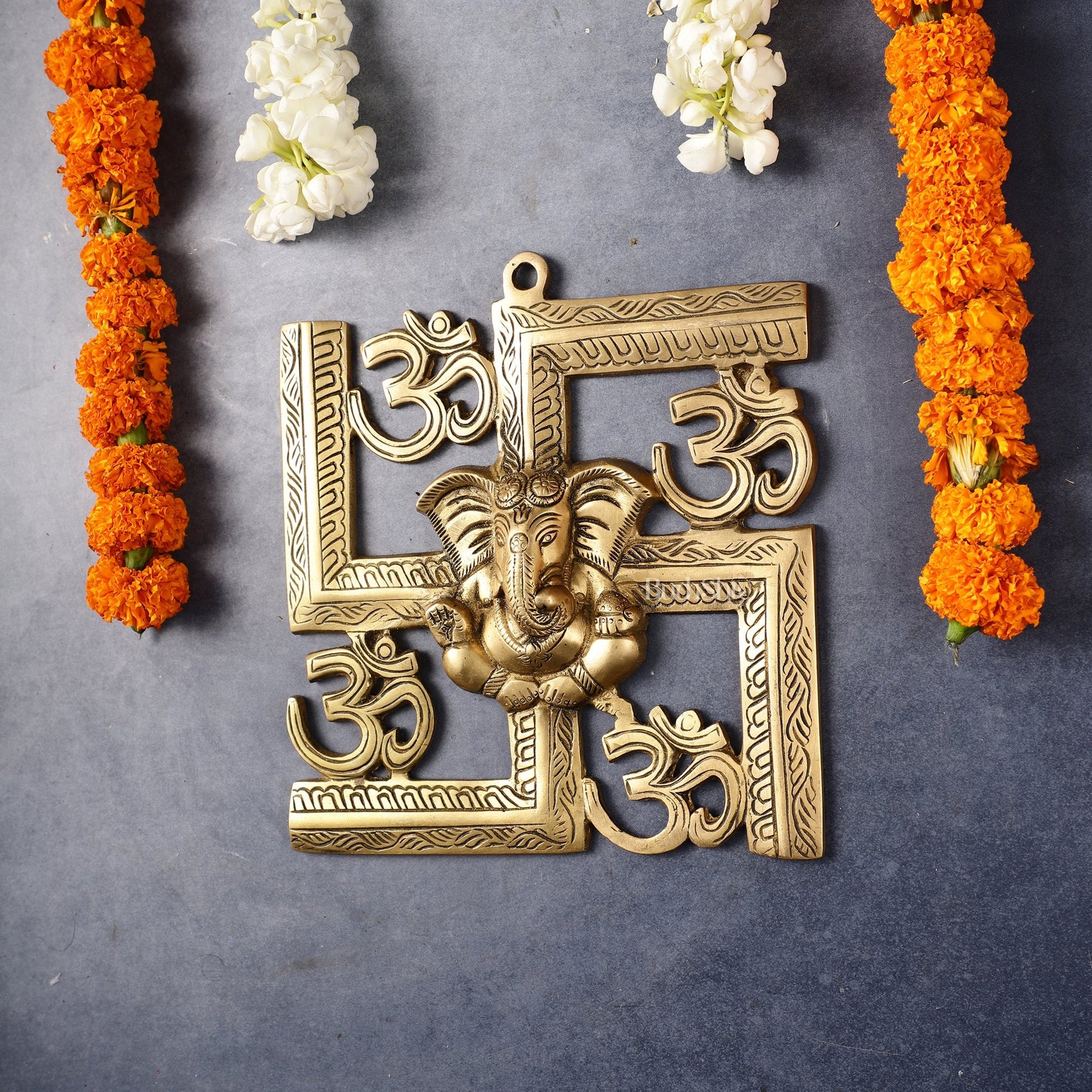Auspicious Brass Swastik Wall Hanging with Lord Ganesha