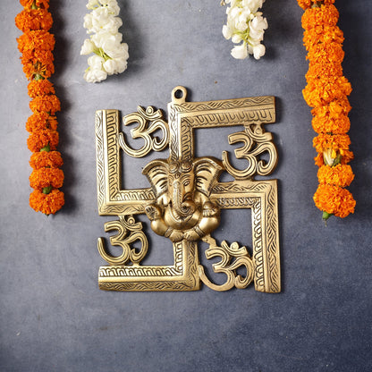 Auspicious Brass Swastik Wall Hanging with Lord Ganesha