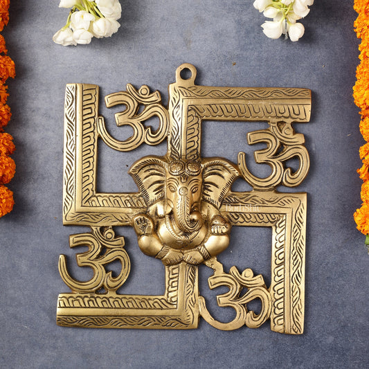 Auspicious Brass Swastik Wall Hanging with Lord Ganesha