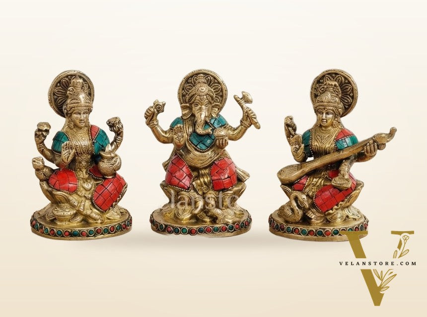 Auspicious Ganesha Lakshmi Saraswati Brass Idol with Stonework 5 inch