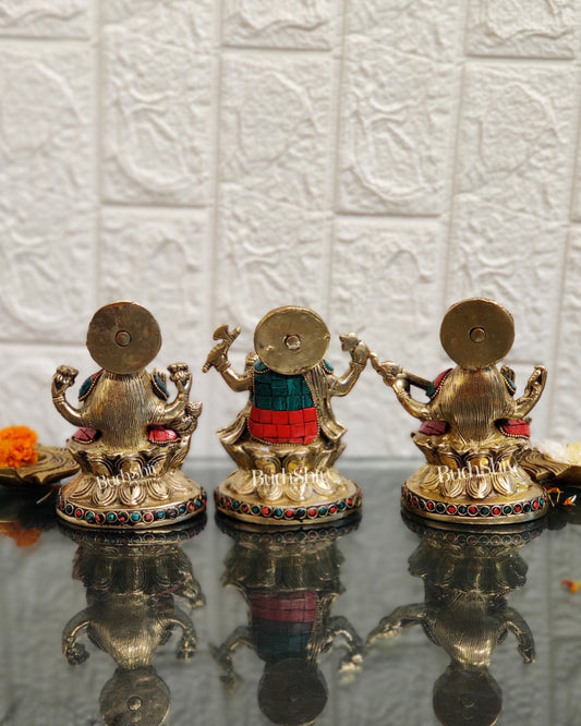 Auspicious Ganesha Lakshmi Saraswati Brass Idol with Stonework 5 inch