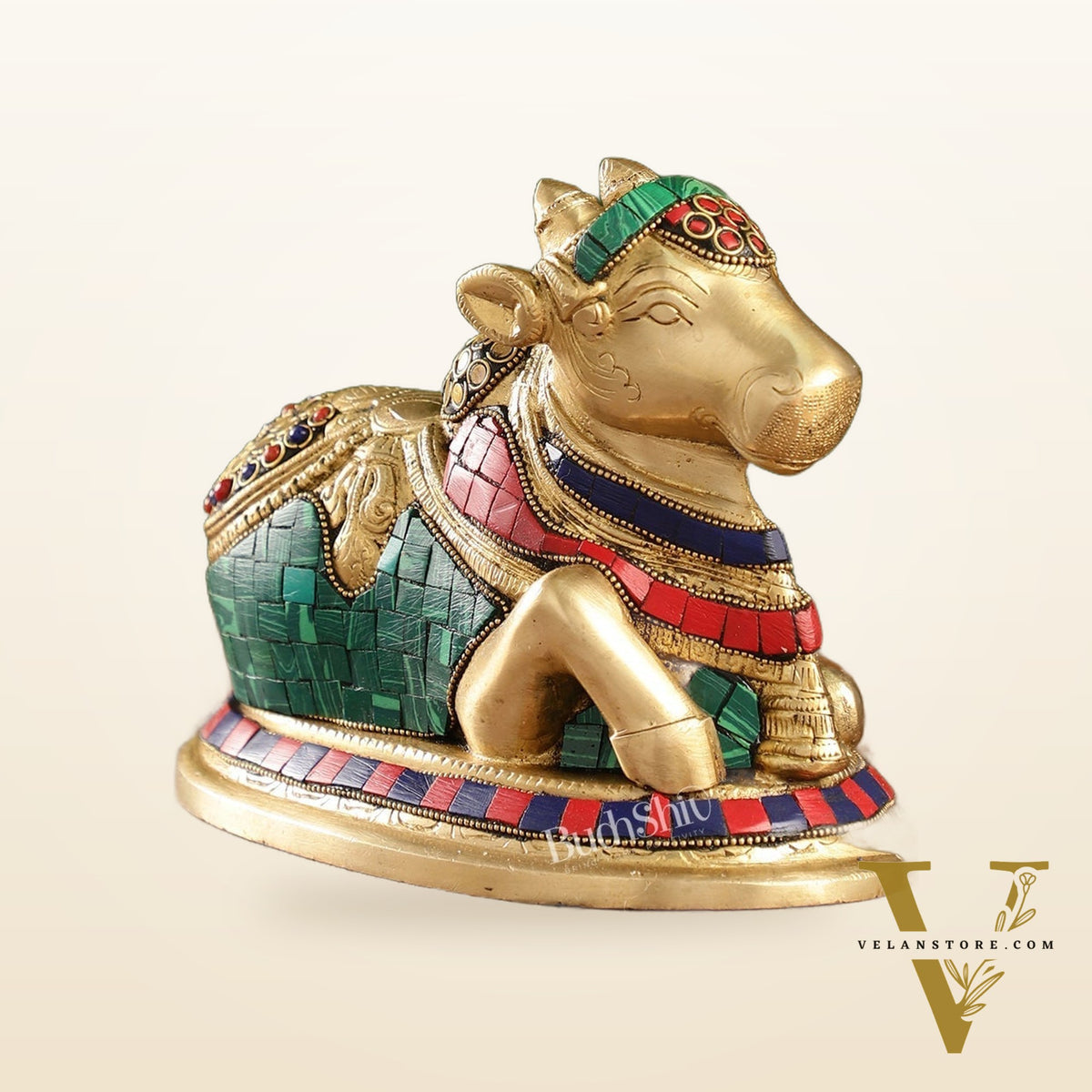 Auspicious Handcrafted Brass Nandi Statue Meenakari 8"