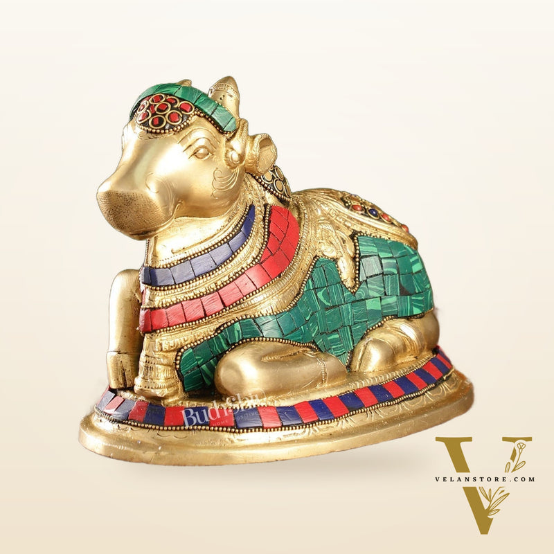 Auspicious Handcrafted Brass Nandi Statue Meenakari 8"